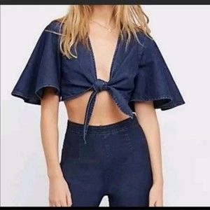 Free People Denim Tie Front Crop Top, Size 4